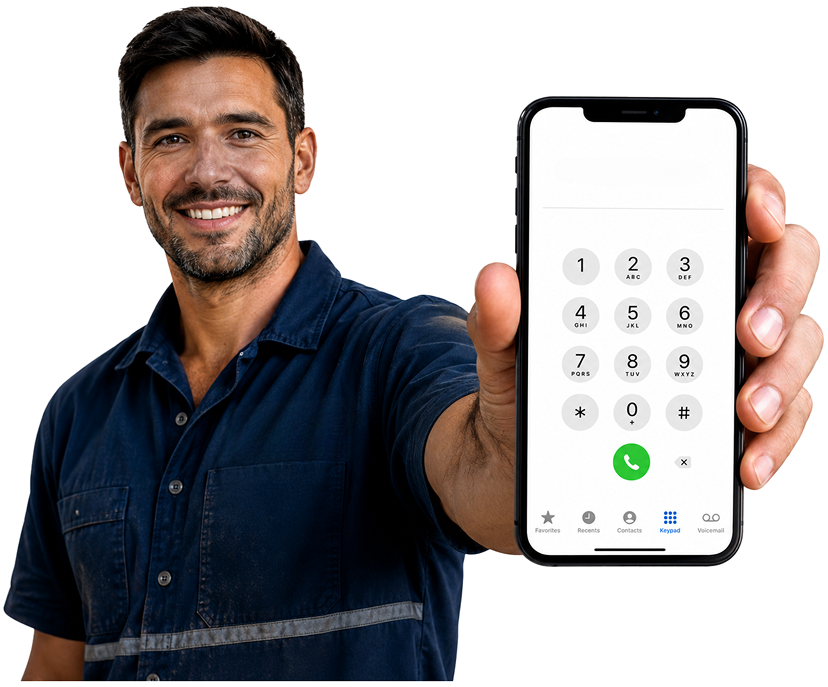 Leppington Blocked Drains plumber holding a phone — call 1300 261 965