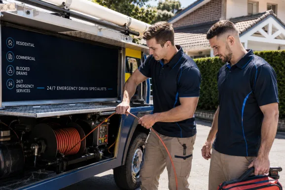 Two plumbers working on a blocked drain in Leppington