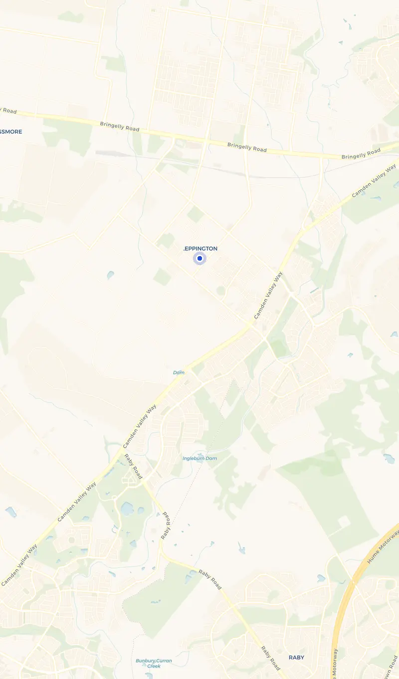 Map of the Leppington service area and the surrounding suburbs we cover.