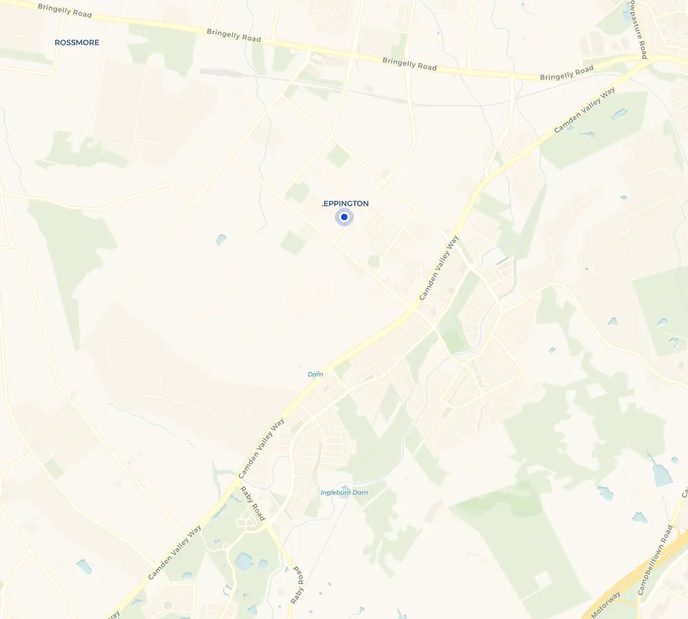 Map of the Leppington service area and the surrounding South-West Sydney, showing Leppington and the nearby streets we cover.