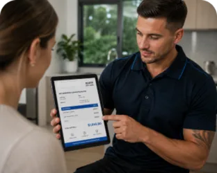 Plumber showing a Leppington customer the quote on a tablet