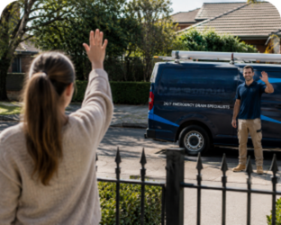 Customer waving goodbye to a Leppington Blocked Drains plumber